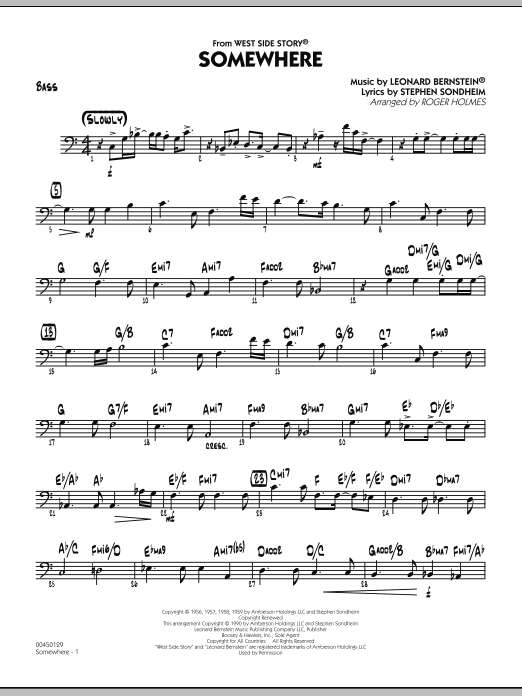 Roger Holmes Somewhere (from West Side Story) - Bass sheet music notes and chords. Download Printable PDF.