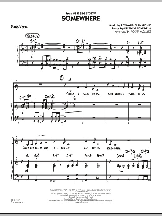 Roger Holmes Somewhere (from West Side Story) - Piano/Vocal sheet music notes and chords. Download Printable PDF.
