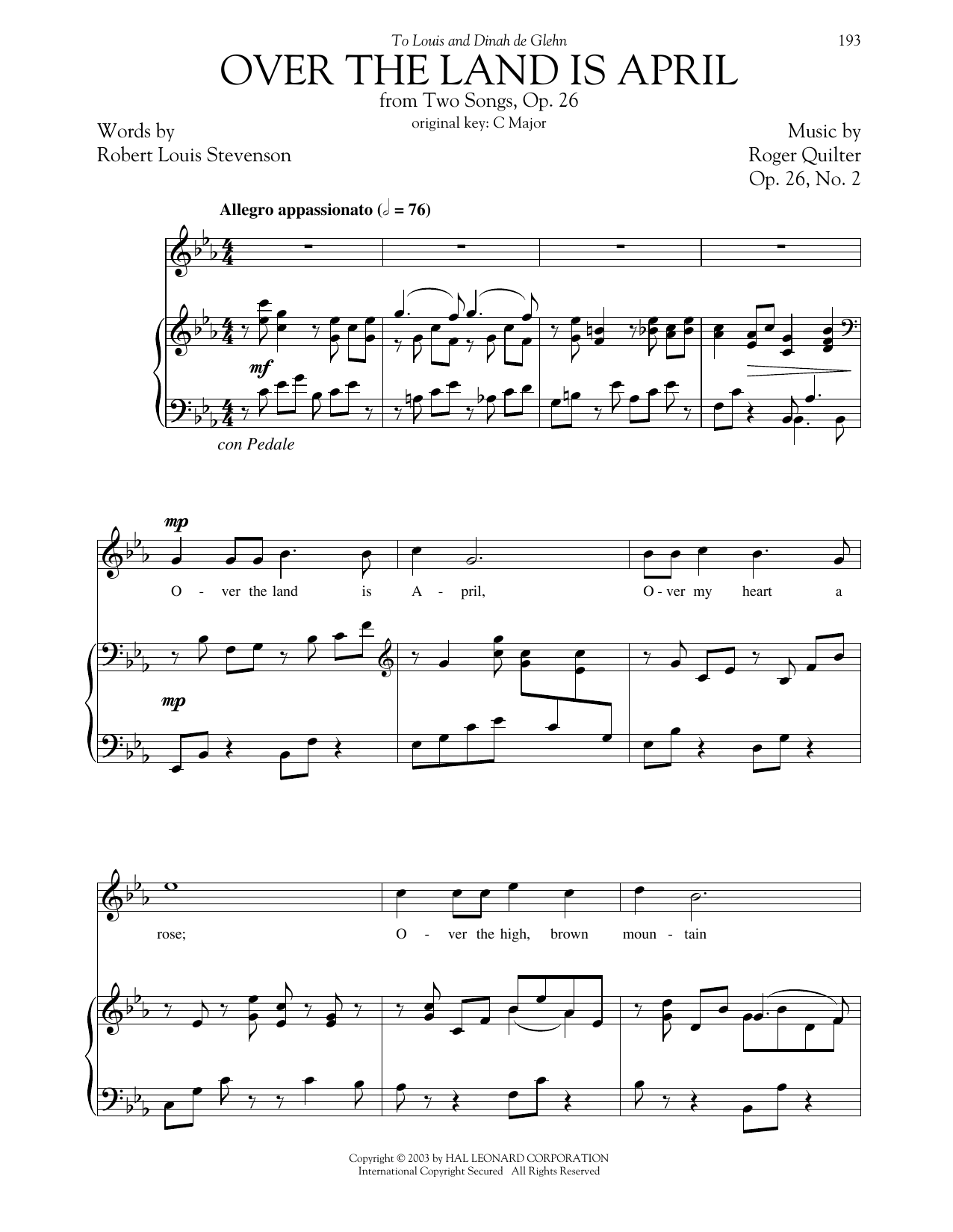Roger Quilter Over The Land Is April (from Two Songs, Op. 26, No. 2) (High Voice) sheet music notes and chords arranged for Piano & Vocal