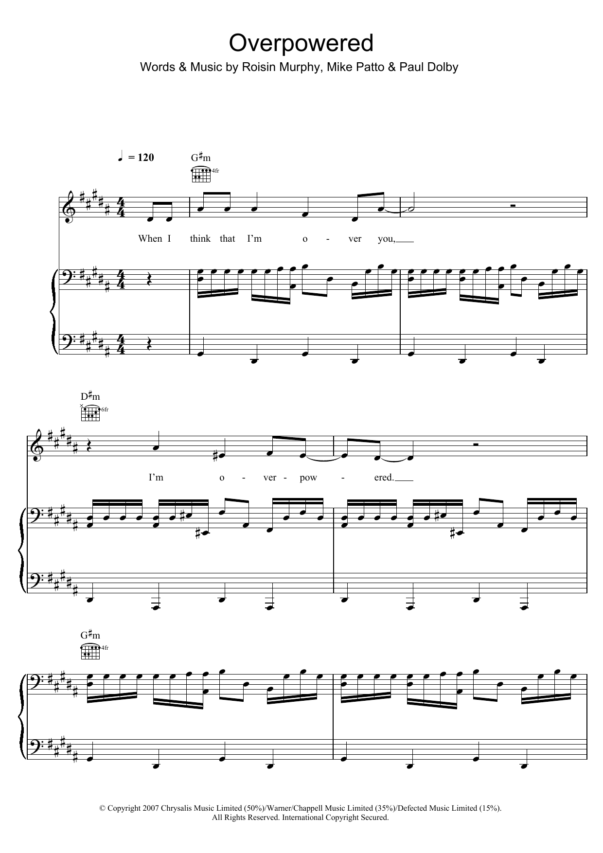 Roisin Murphy Overpowered sheet music notes and chords arranged for Piano, Vocal & Guitar Chords