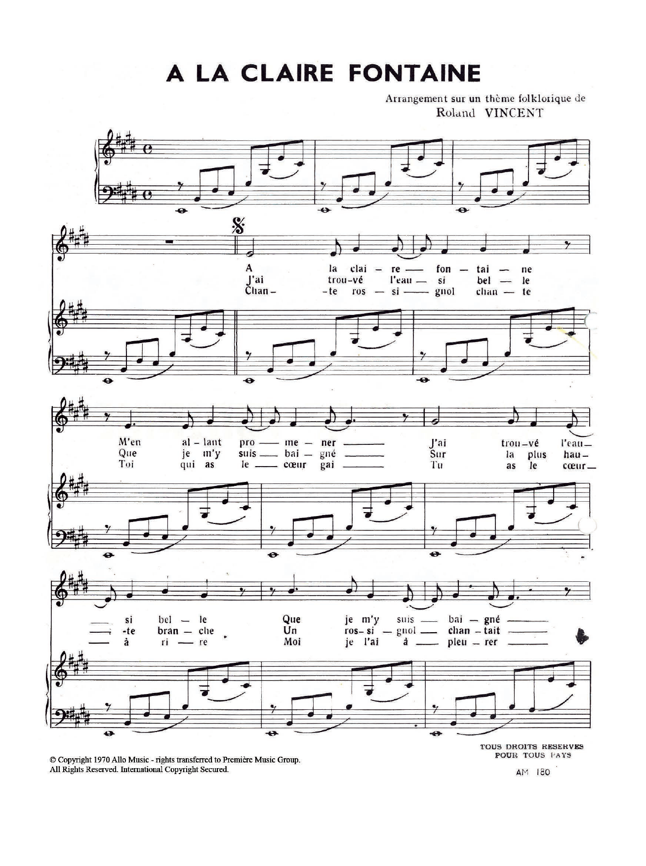 Roland Vincent A La Claire Fontaine sheet music notes and chords arranged for Piano & Vocal