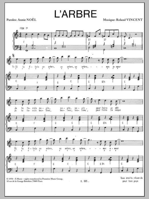 Roland Vincent Arbre sheet music notes and chords arranged for Piano & Vocal