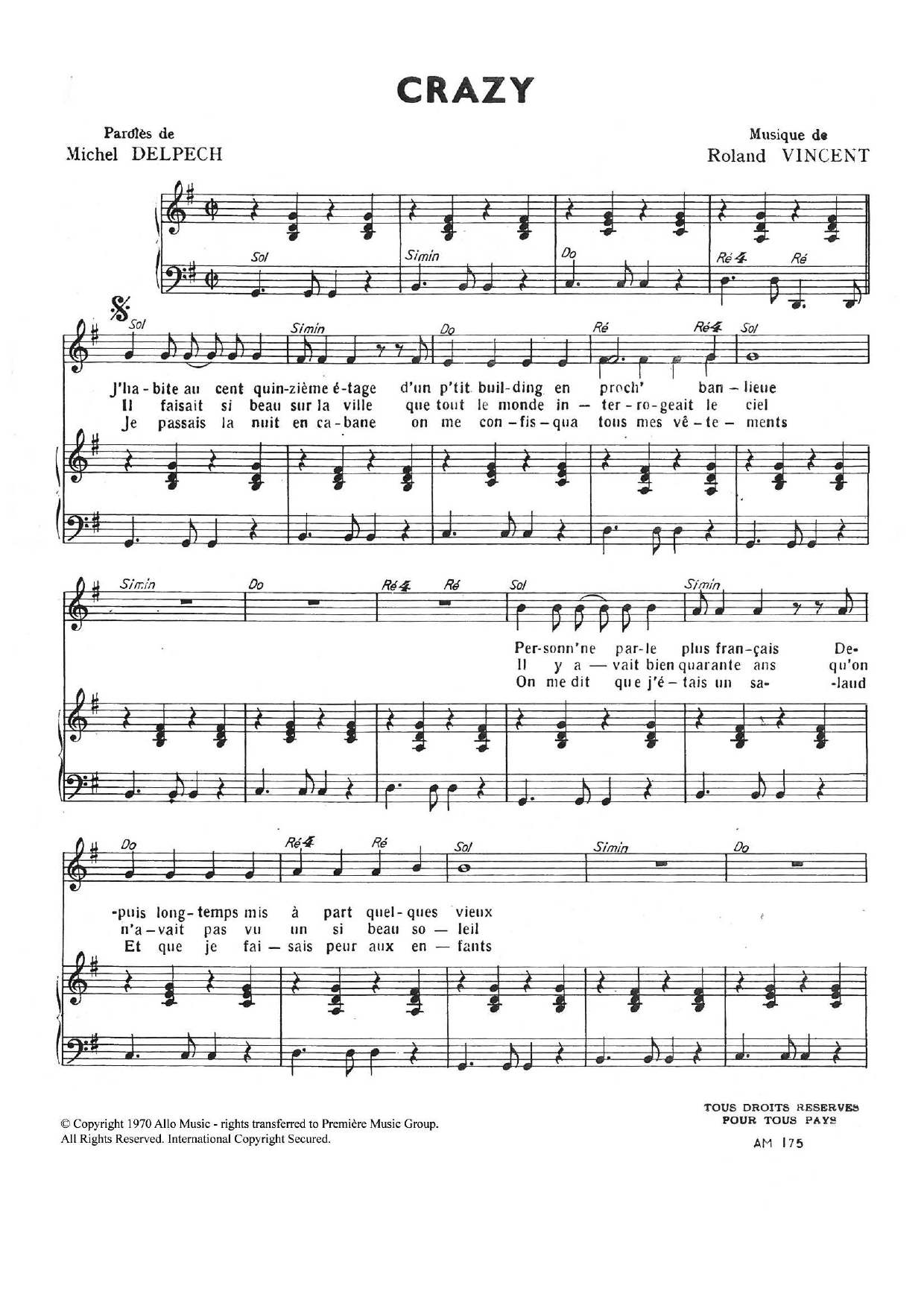 Roland Vincent Crazy sheet music notes and chords arranged for Piano & Vocal