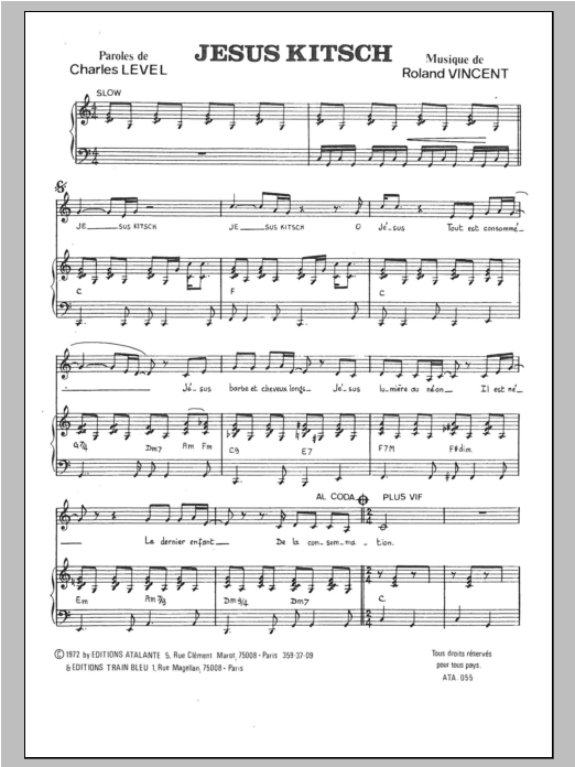 Roland Vincent Jesus Kitsch sheet music notes and chords arranged for Piano & Vocal