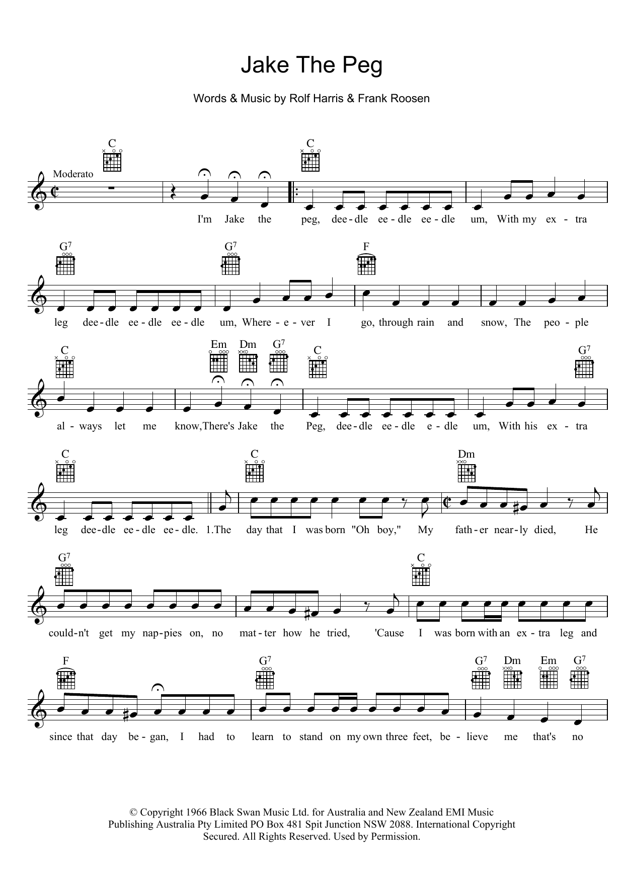 Rolf Harris Jake The Peg sheet music notes and chords arranged for Lead Sheet / Fake Book
