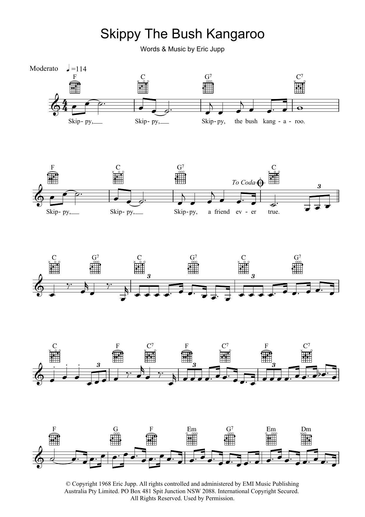 Rolf Harris Skippy The Bush Kangaroo sheet music notes and chords arranged for Lead Sheet / Fake Book