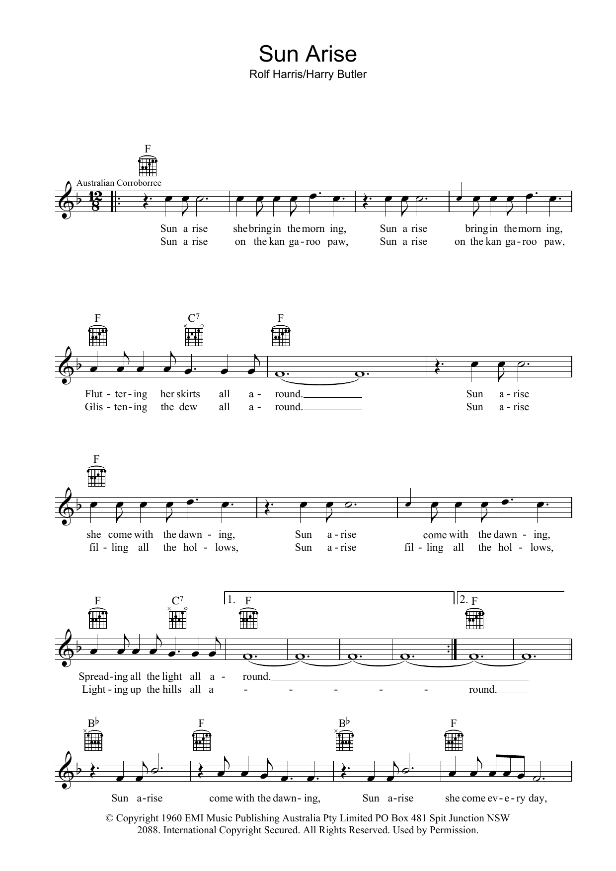 Rolf Harris Sun Arise sheet music notes and chords arranged for Lead Sheet / Fake Book