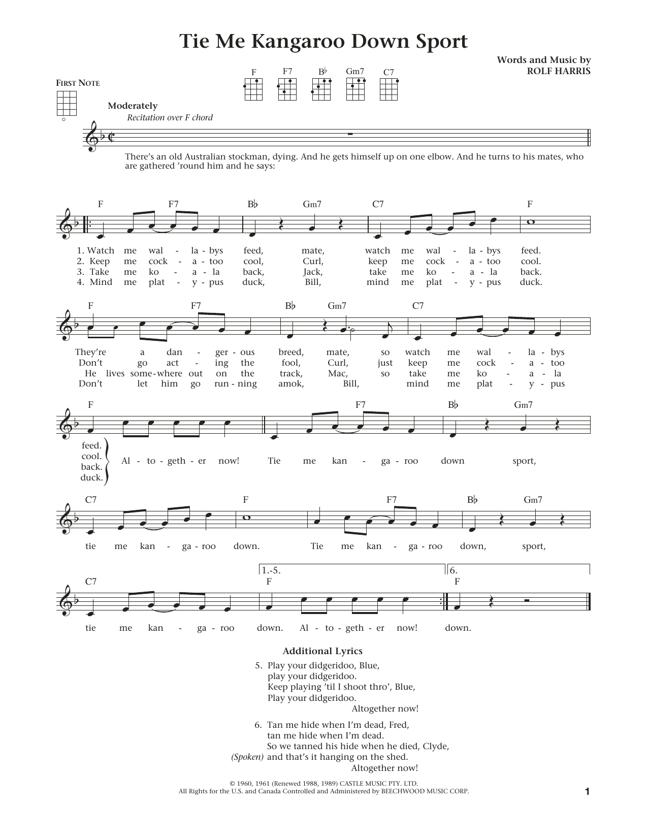 Rolf Harris Tie Me Kangaroo Down Sport (from The Daily Ukulele) (arr. Liz and Jim Beloff) sheet music notes and chords arranged for Ukulele