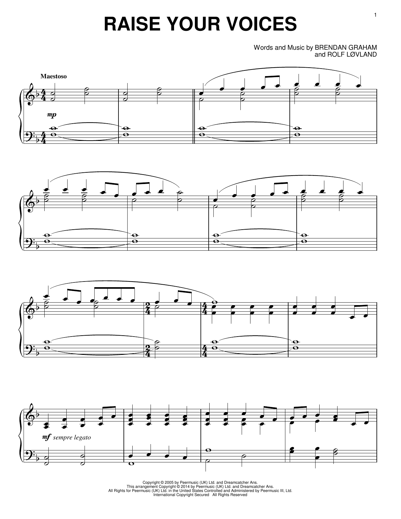 Rolf Lovland Raise Your Voices sheet music notes and chords arranged for Piano Solo