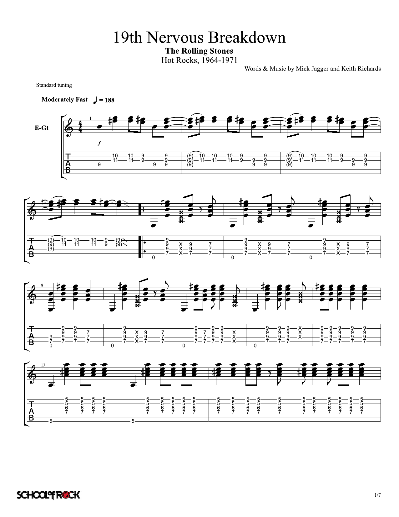 Rolling Stones 19th Nervous Breakdown sheet music notes and chords arranged for School of Rock – Rhythm Guitar Tab