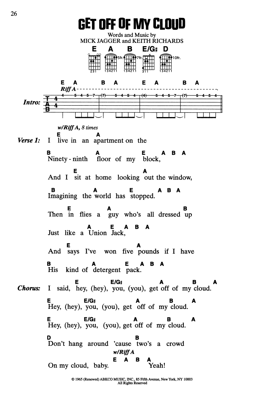 Rolling Stones Get Off My Cloud sheet music notes and chords arranged for Guitar Chords/Lyrics