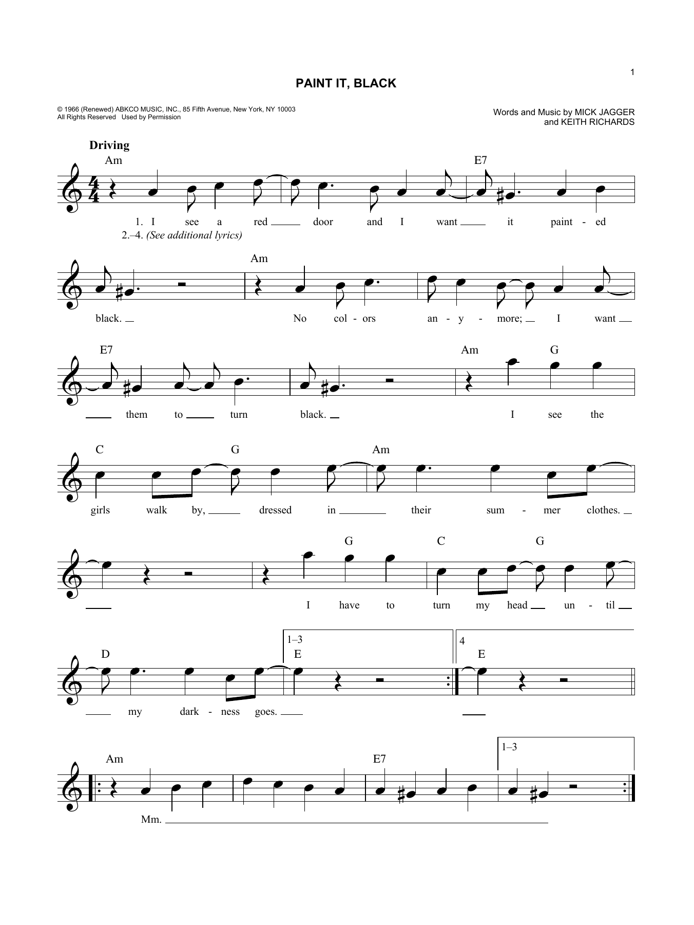 Rolling Stones Paint It, Black sheet music notes and chords arranged for Guitar Chords/Lyrics