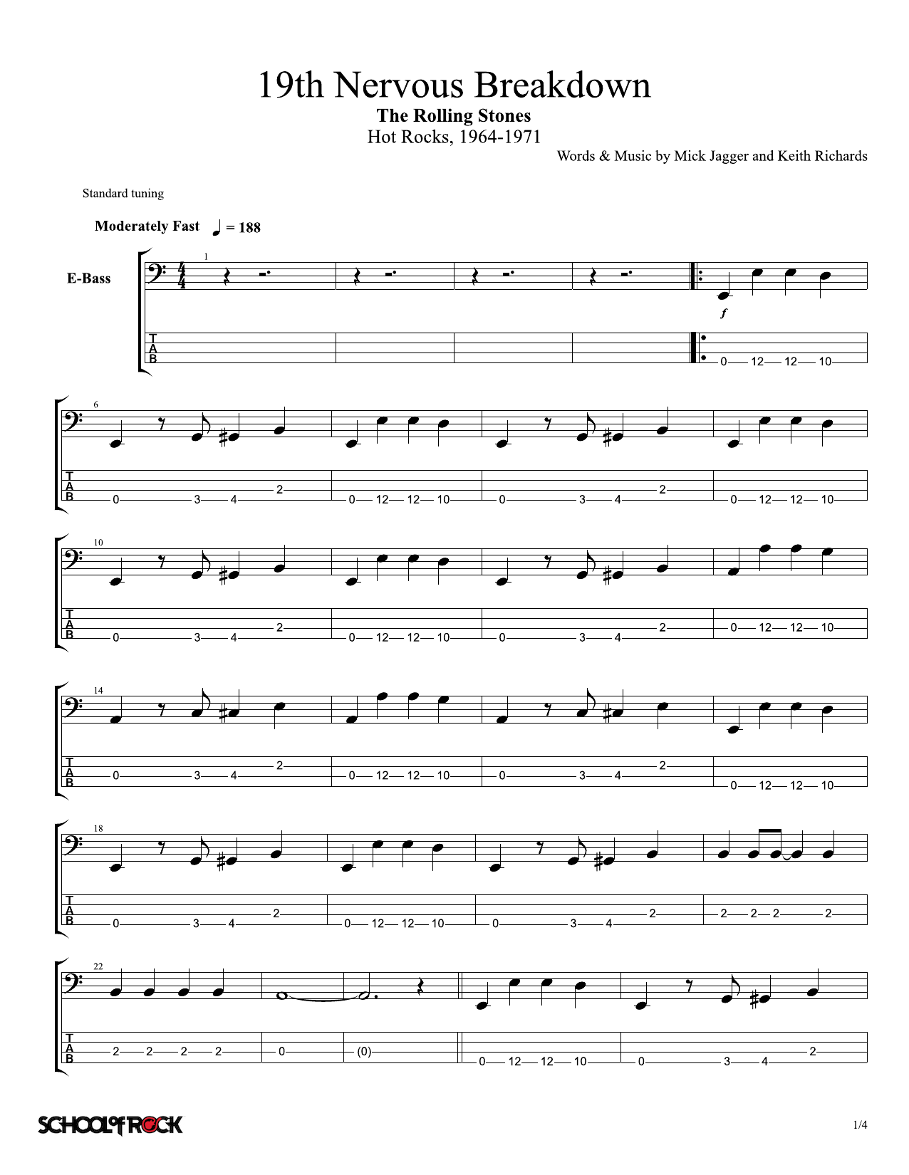 Rolling Stones 19th Nervous Breakdown sheet music notes and chords arranged for School of Rock – Lead Guitar Tab
