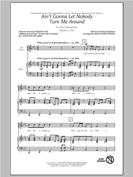Rollo Dilworth Ain't Gonna Let Nobody Turn Me Around sheet music notes and chords arranged for 3-Part Treble Choir