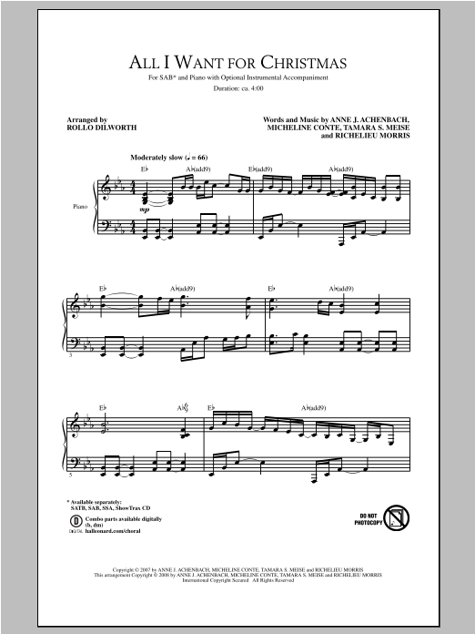 Rollo Dilworth All I Want For Christmas sheet music notes and chords arranged for SAB Choir