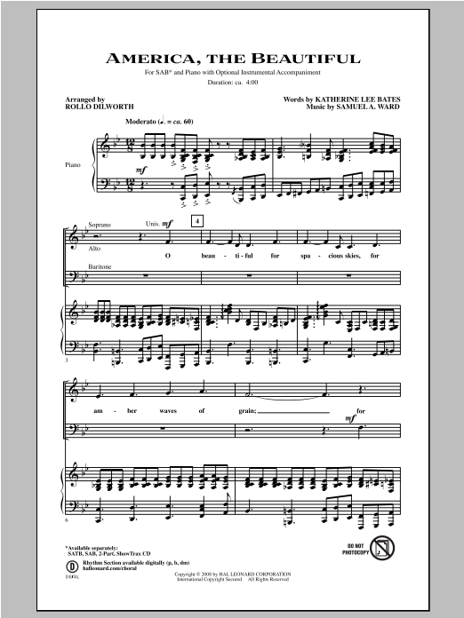 Rollo Dilworth America, The Beautiful sheet music notes and chords arranged for 2-Part Choir