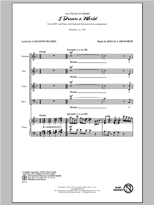 Rollo Dilworth I Dream A World (from Trilogy of Dreams) sheet music notes and chords arranged for SATB Choir