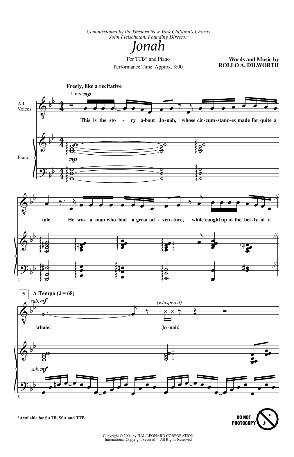 Rollo Dilworth Jonah sheet music notes and chords arranged for TTB Choir