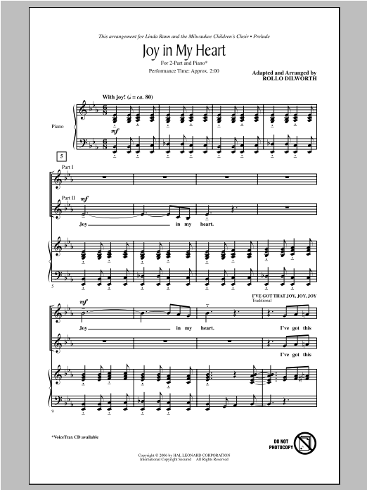 Rollo Dilworth Joy In My Heart sheet music notes and chords arranged for 2-Part Choir