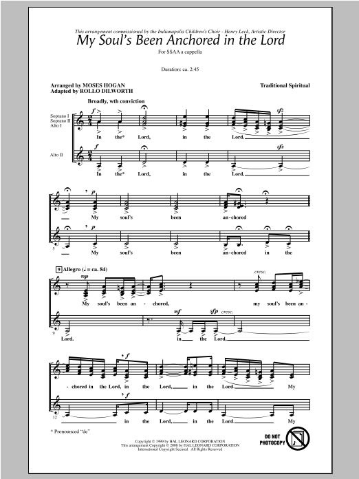 Rollo Dilworth My Soul's Been Anchored In The Lord sheet music notes and chords arranged for SSAA Choir