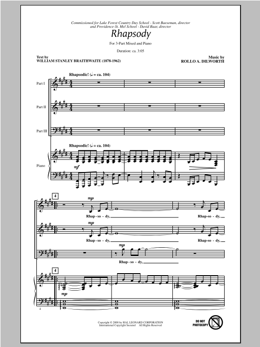 Rollo Dilworth Rhapsody sheet music notes and chords arranged for 3-Part Mixed Choir