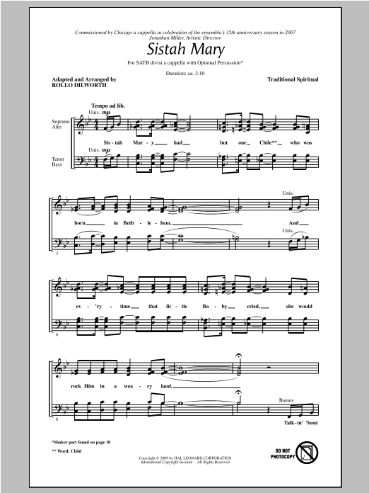 Rollo Dilworth Sistah Mary sheet music notes and chords arranged for SATB Choir
