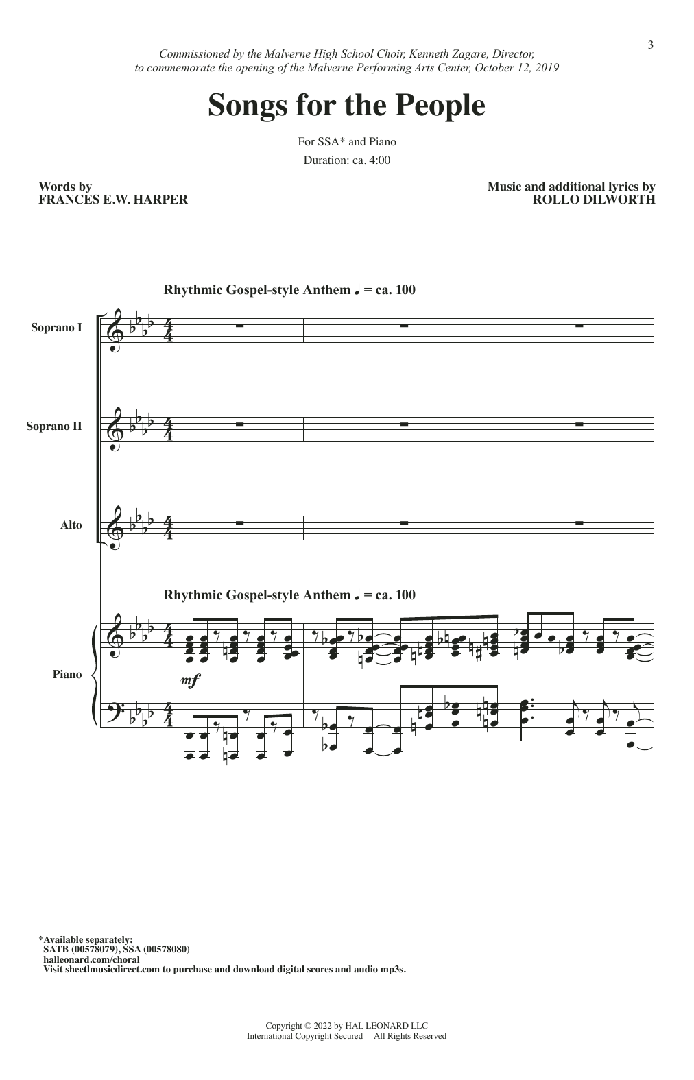 Rollo Dilworth Songs For The People sheet music notes and chords arranged for SSA Choir
