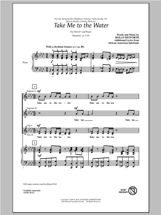 Rollo Dilworth Take Me To The Water sheet music notes and chords arranged for SSA Choir