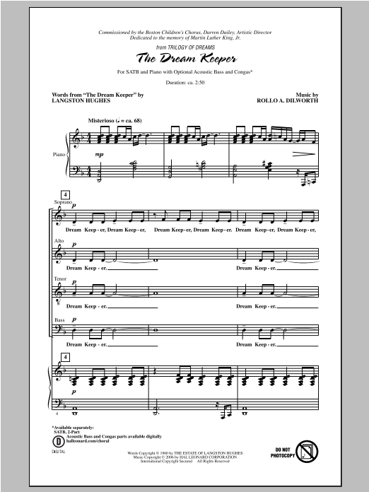 Rollo Dilworth The Dream Keeper (from Trilogy of Dreams) sheet music notes and chords arranged for SATB Choir