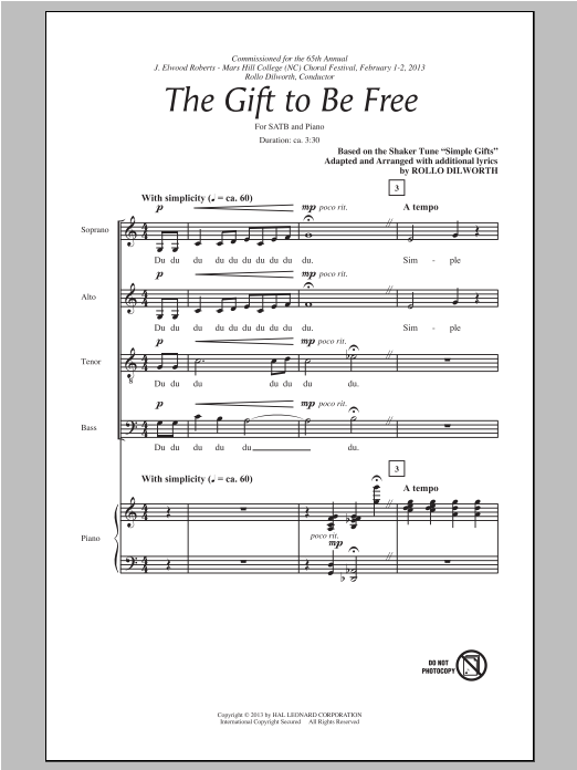 Rollo Dilworth The Gift To Be Free sheet music notes and chords arranged for SATB Choir