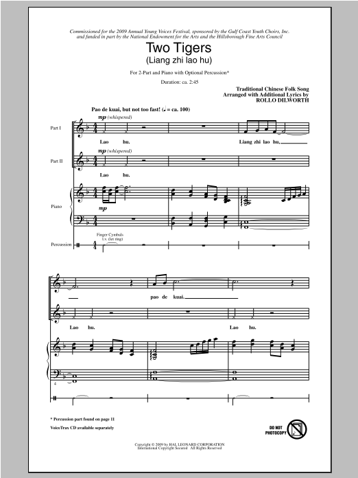 Rollo Dilworth Two Tigers (Liang Ge Lao Hu) sheet music notes and chords arranged for 2-Part Choir