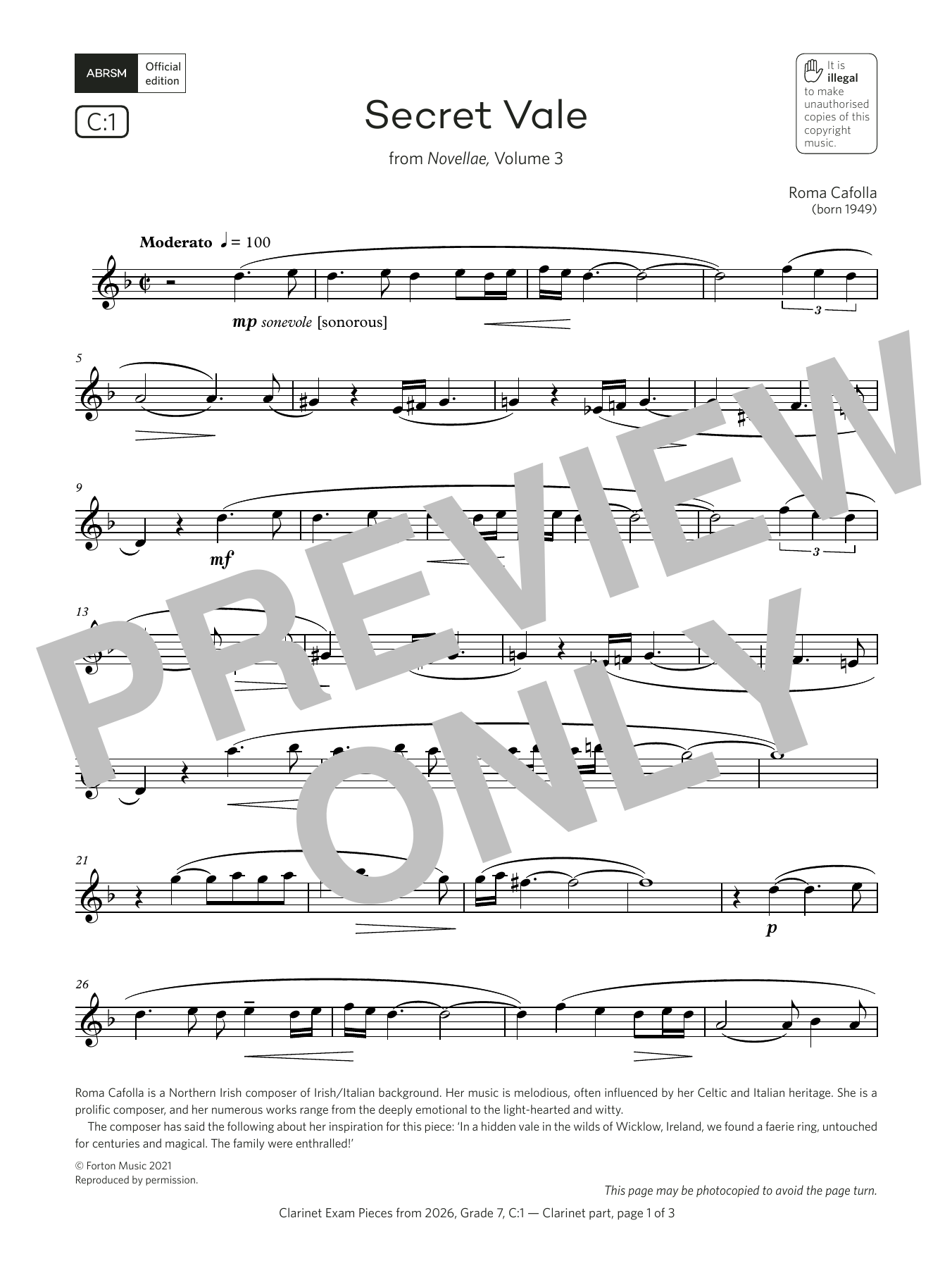 Roma Cafolla Secret Vale (Grade 7, list C1, from the ABRSM Clarinet Syllabus from 2026) sheet music notes and chords arranged for Clarinet Solo