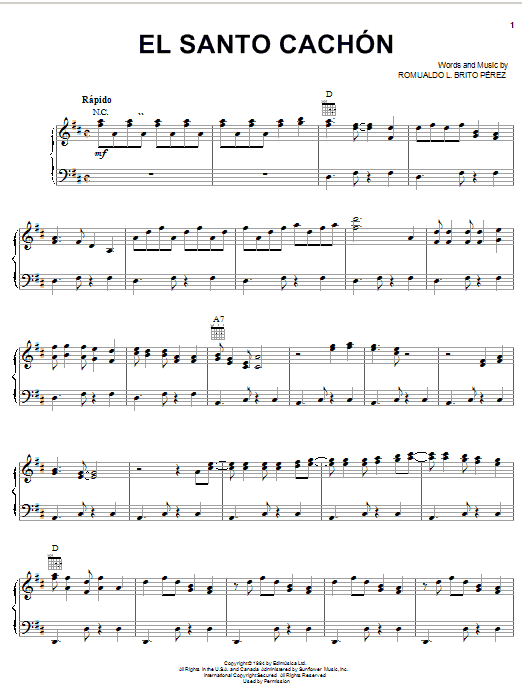 Romualdo L. Brito Perez El Santo Cachon sheet music notes and chords arranged for Piano, Vocal & Guitar Chords (Right-Hand Melody)