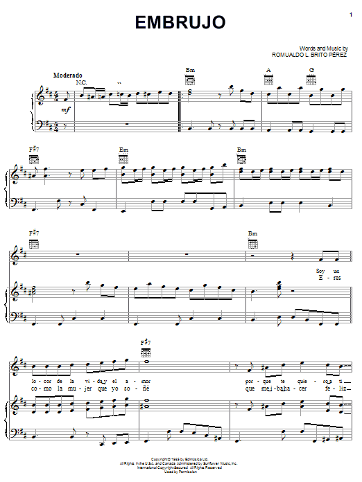 Romualdo L. Brito Perez Embrujo sheet music notes and chords arranged for Piano, Vocal & Guitar Chords (Right-Hand Melody)
