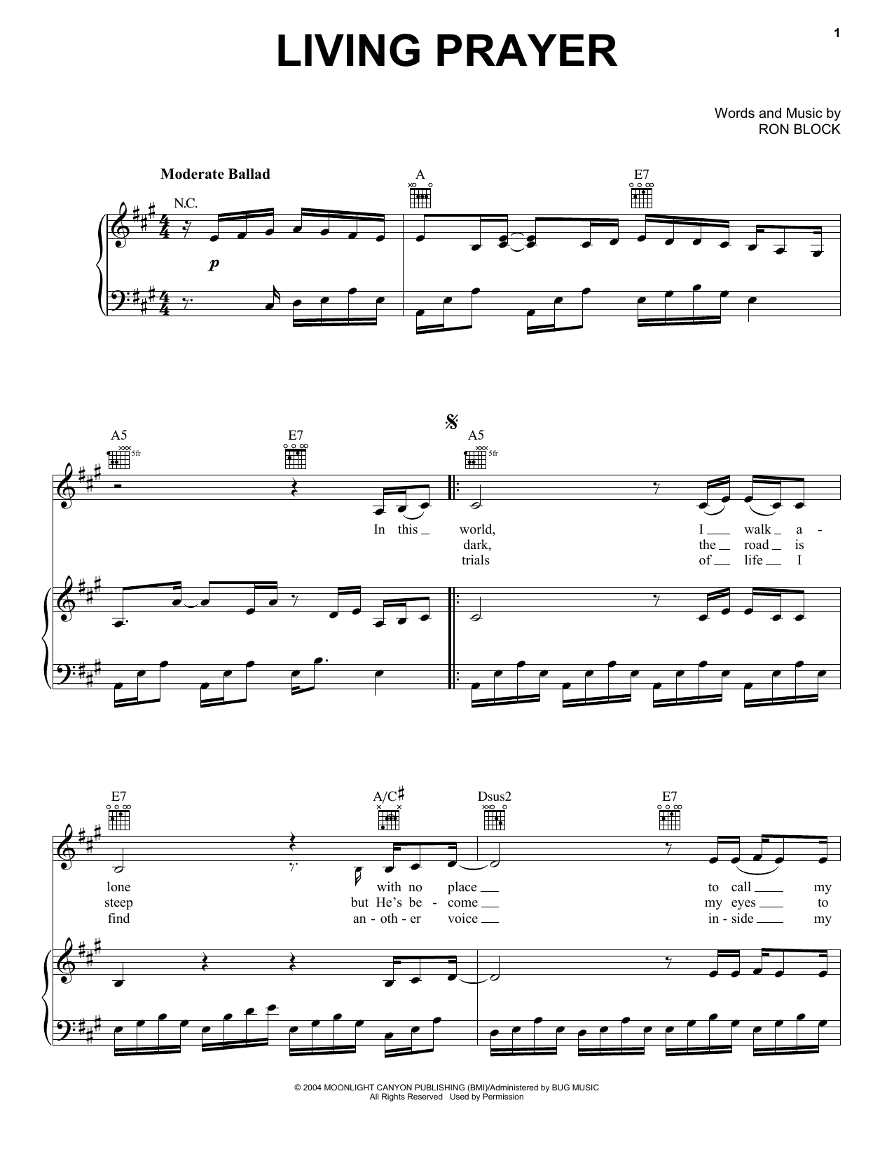 Ron Block Living Prayer sheet music notes and chords arranged for Piano, Vocal & Guitar Chords (Right-Hand Melody)