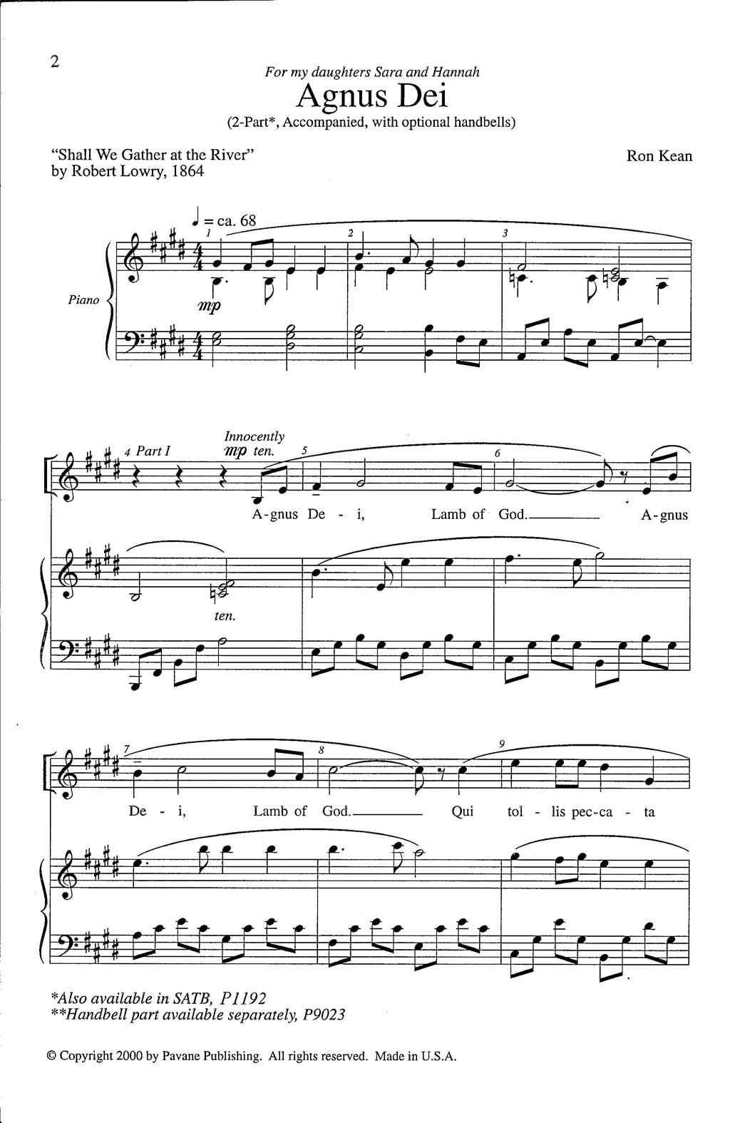 Ron Kean Agnus Dei sheet music notes and chords arranged for 2-Part Choir