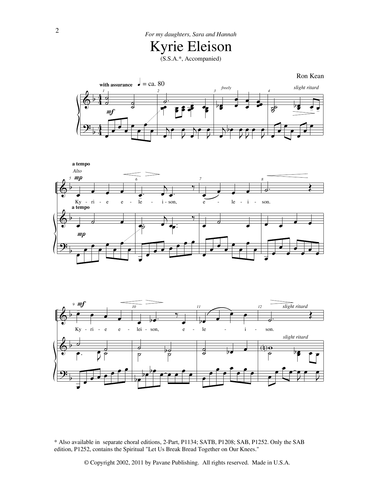 Ron Kean American Mass sheet music notes and chords arranged for SSA Choir