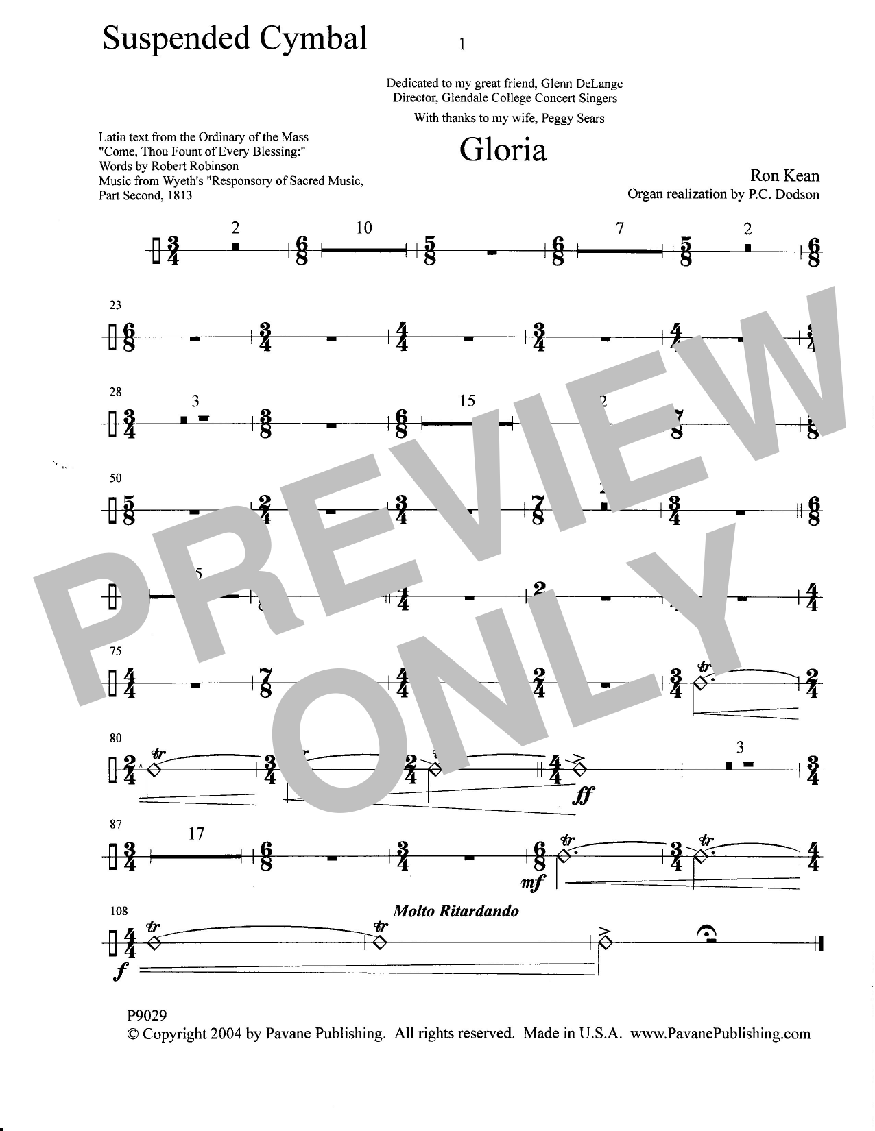 Ron Kean Gloria - Suspended Cymbal sheet music notes and chords arranged for Choir Instrumental Pak