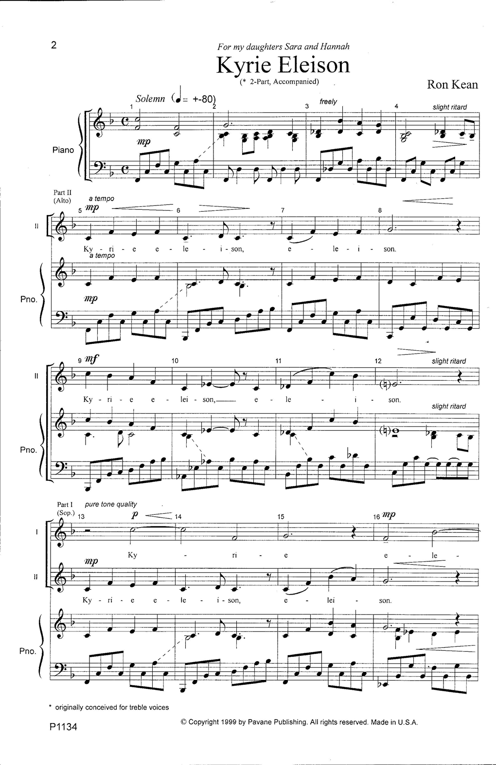 Ron Kean Kyrie Eleison sheet music notes and chords arranged for 2-Part Choir