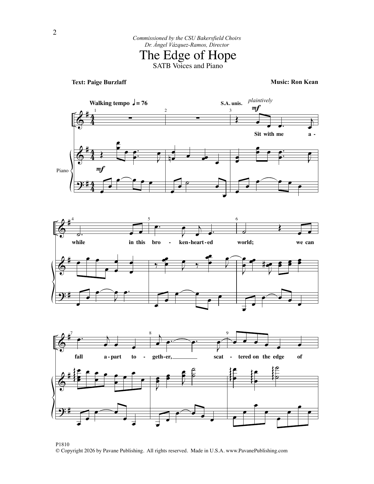 Ron Kean The Edge Of Hope sheet music notes and chords arranged for SATB Choir