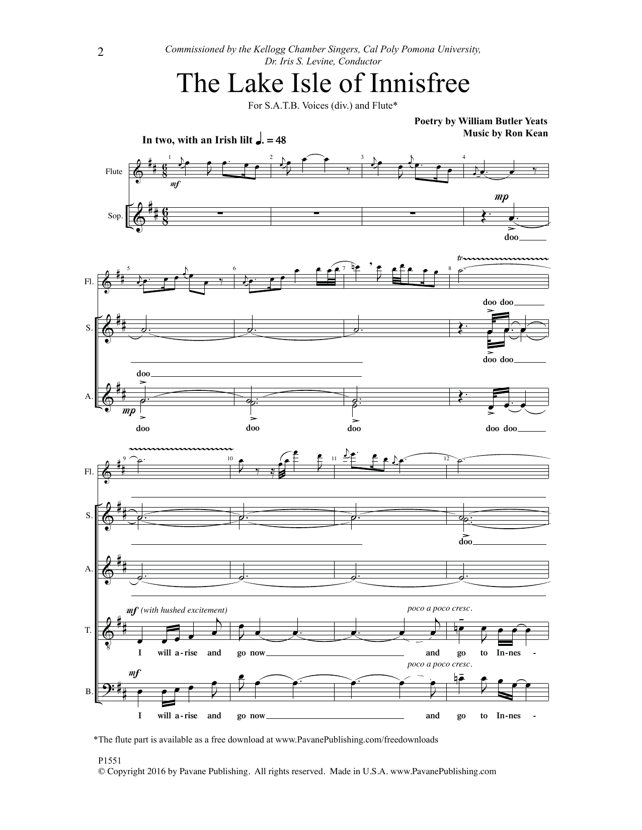 Ron Kean The Lake Isle of Innisfree sheet music notes and chords arranged for SATB Choir