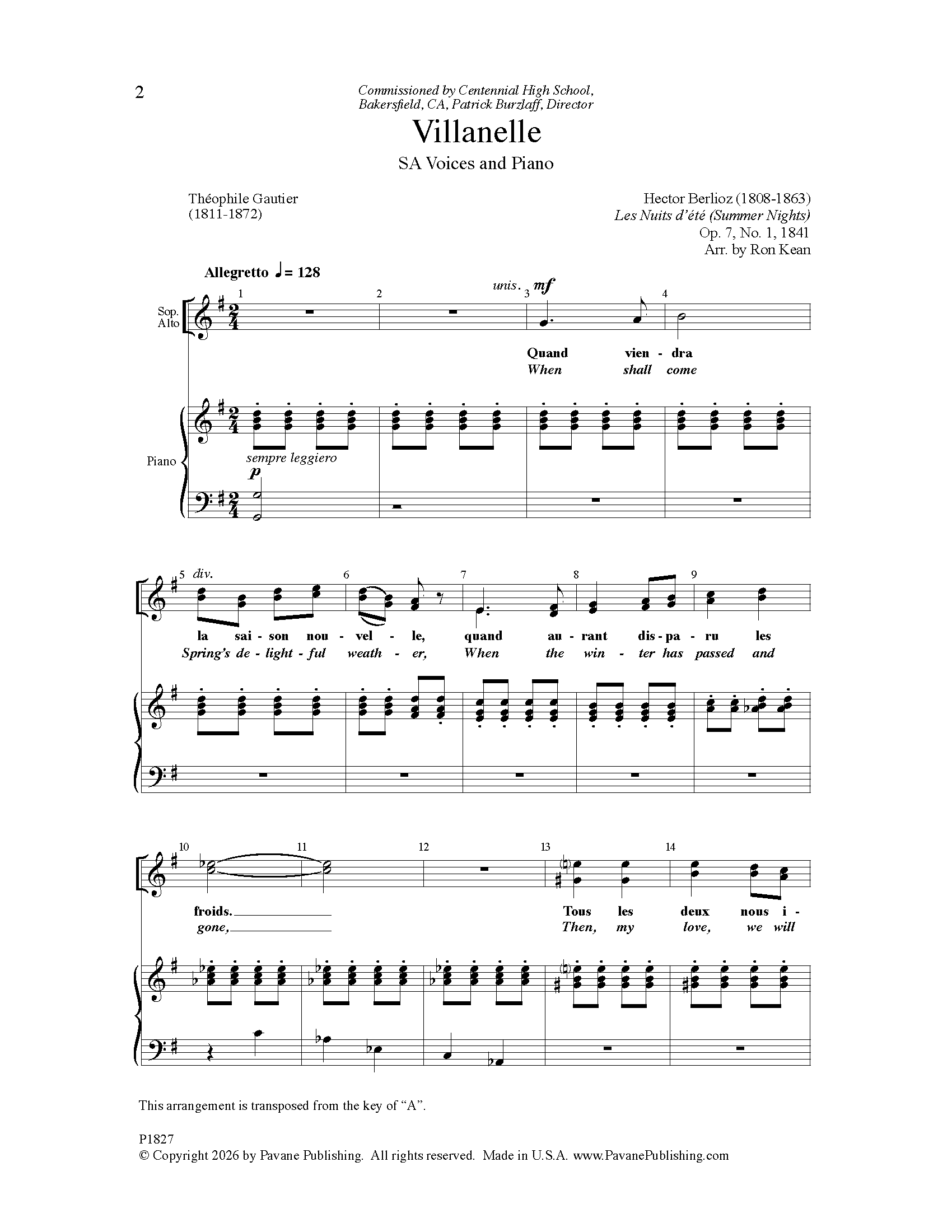 Ron Kean Villanelle sheet music notes and chords arranged for 2-Part Choir