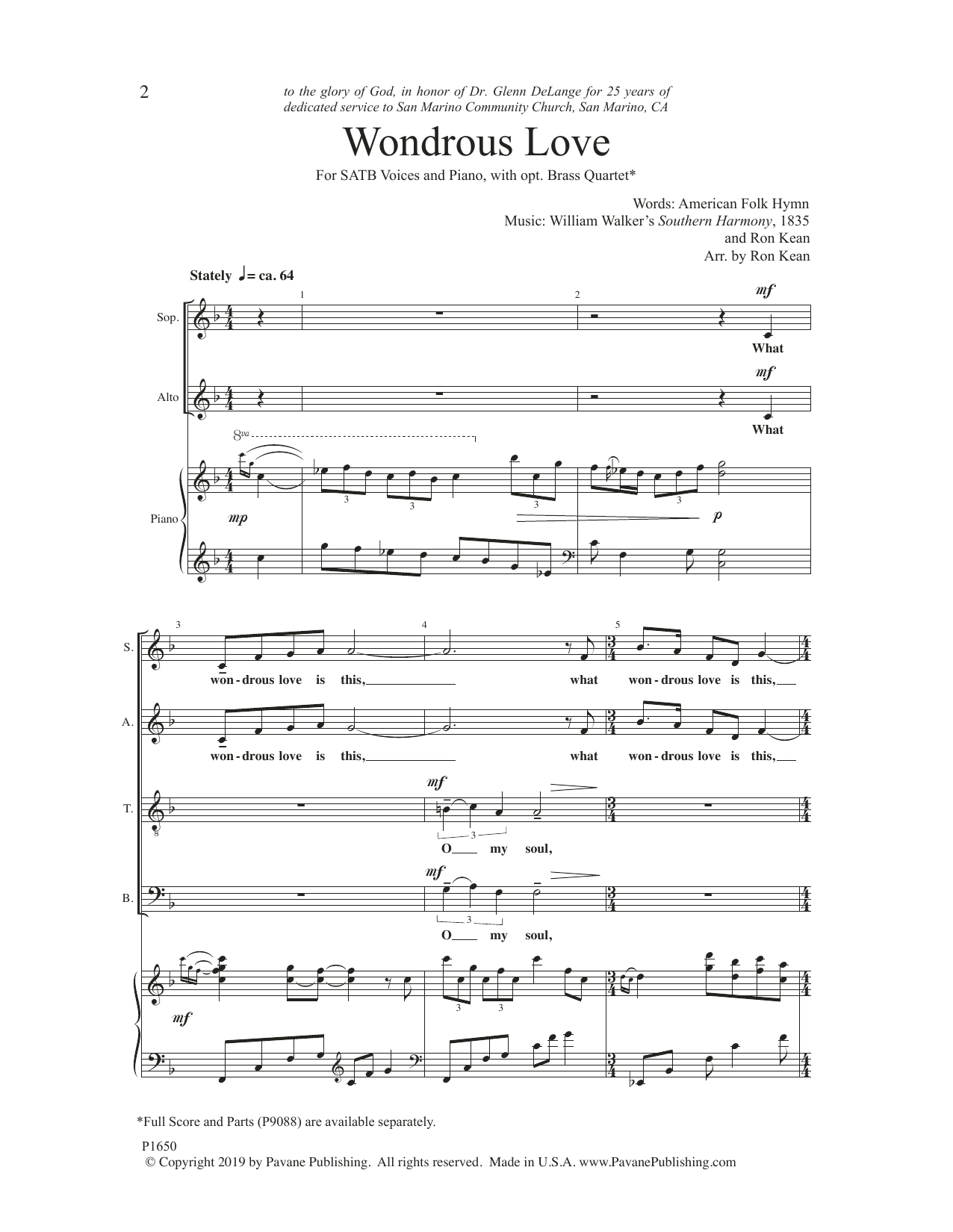 Ron Kean Wondrous Love sheet music notes and chords arranged for SATB Choir
