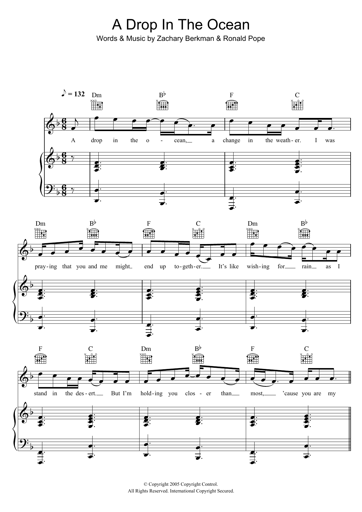 Ron Pope A Drop In The Ocean sheet music notes and chords arranged for Piano, Vocal & Guitar Chords