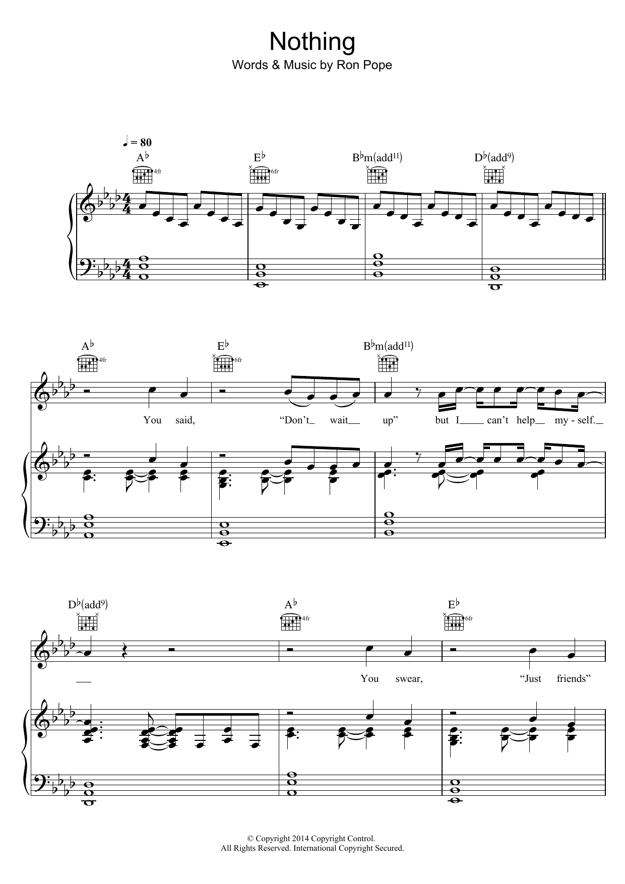 Ron Pope Nothing (feat. Alexz Johnson) sheet music notes and chords arranged for Piano, Vocal & Guitar Chords