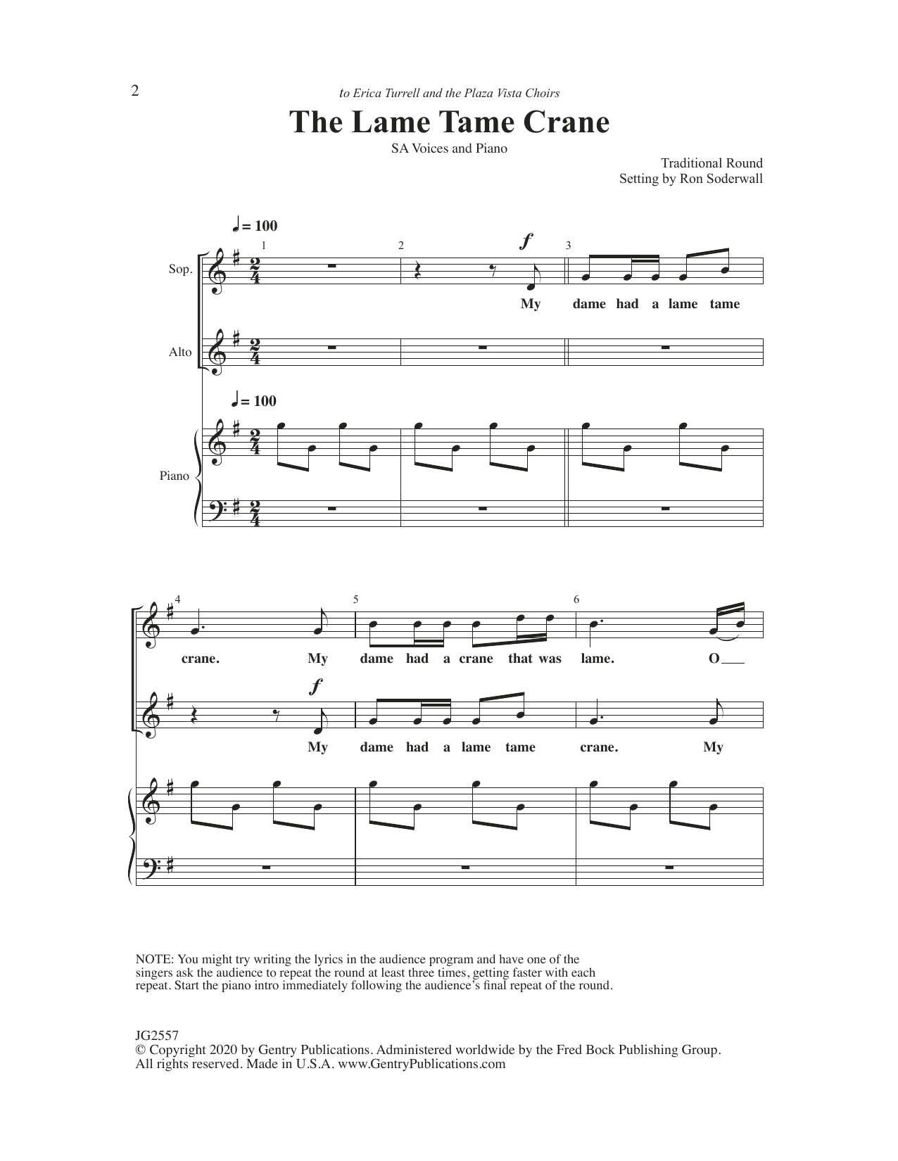 Ron Soderwall The Lame, Tame Crane sheet music notes and chords arranged for 2-Part Choir