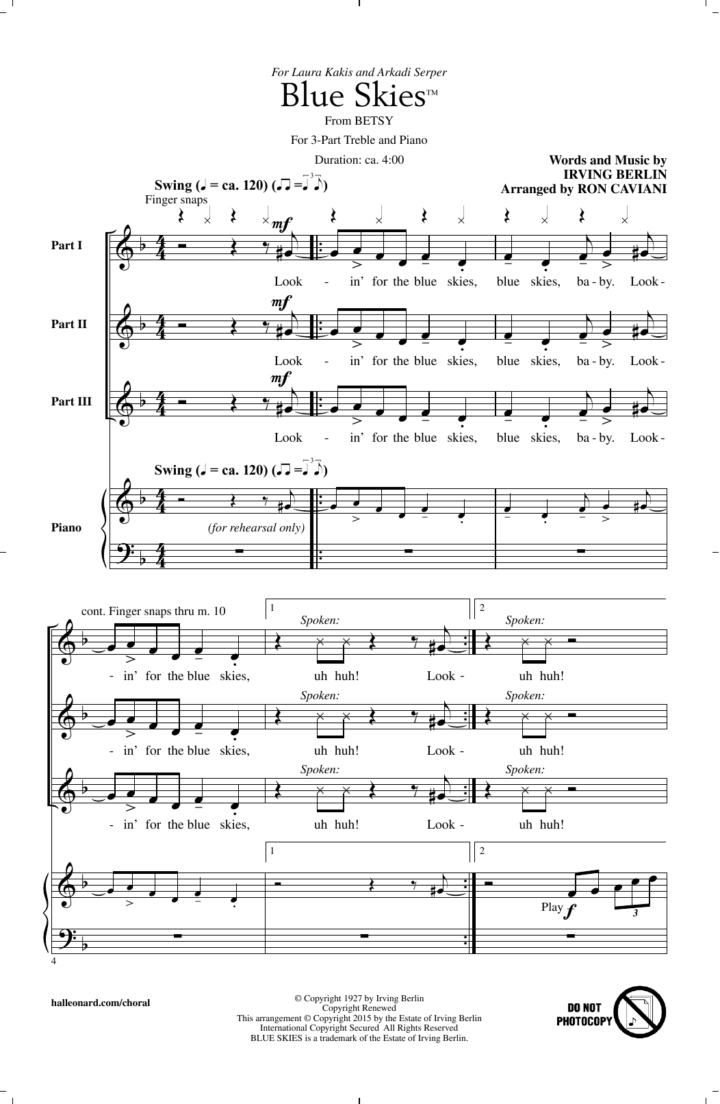 Ron Caviani Blue Skies sheet music notes and chords arranged for 3-Part Treble Choir