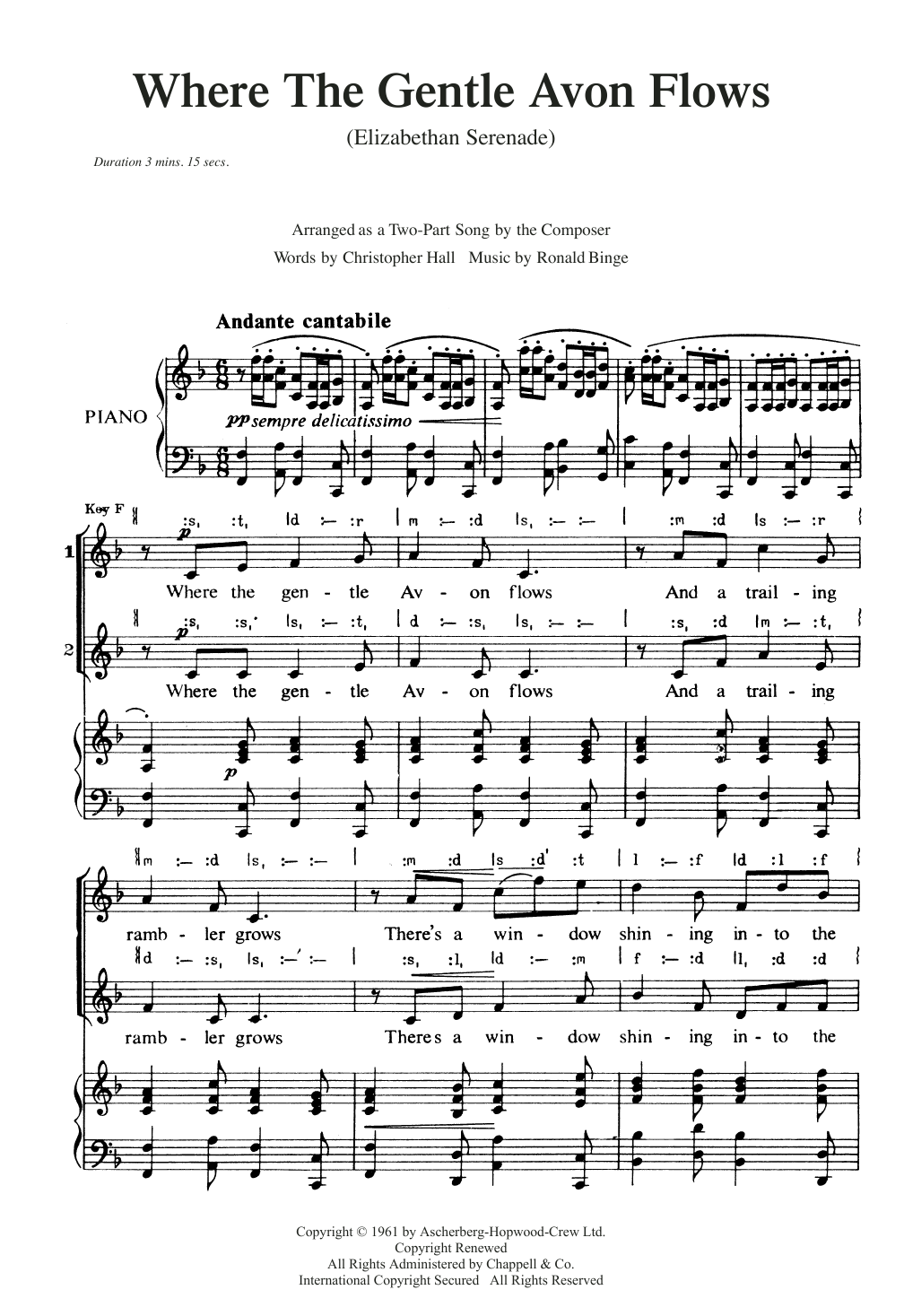 Ronald Binge Where The Gentle Avon Flows (Elizabethan Serenade) sheet music notes and chords arranged for 2-Part Choir