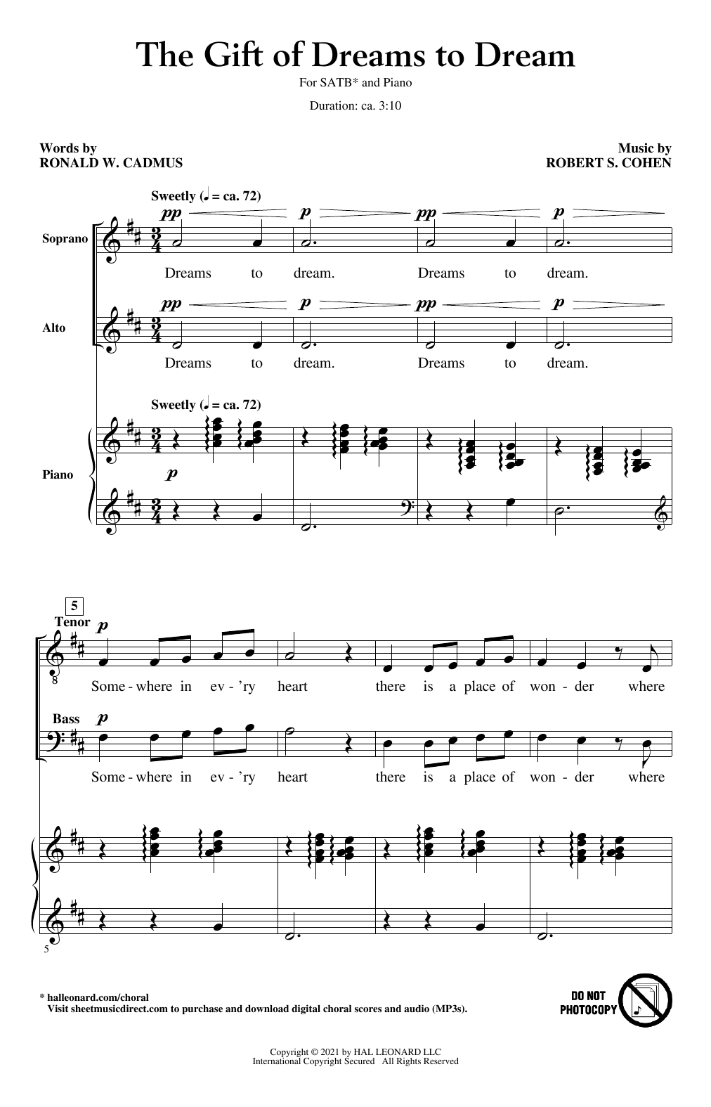 Ronald W. Cadmus and Robert S. Cohen The Gift Of Dreams To Dream sheet music notes and chords arranged for SATB Choir