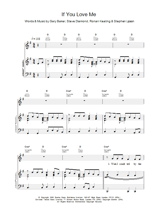 Ronan Keating If You Love Me sheet music notes and chords arranged for Piano, Vocal & Guitar Chords